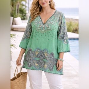 Johnny Was Silk Tunic Top Boho Paisley Green 3X Embroidered Trim Plus Size